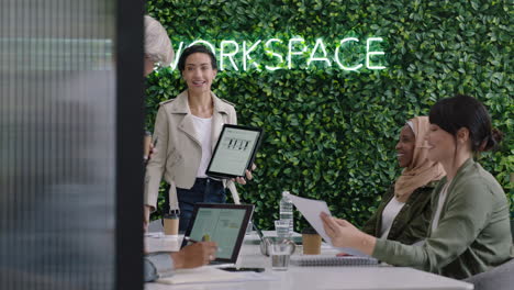 happy-business-people-meeting-in-boardroom-team-leader-woman-presenting-project-on-tablet-computer-colleagues-celebrating-successful-corporate-victory-enjoying-teamwork-high-five-in-presentation