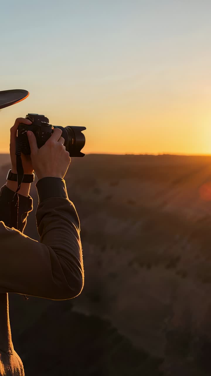 Vertical video: Chasing sunset man raising DSLR ridge wearing wide hat longsleeve watch, copy space
