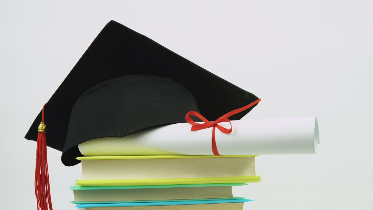 un sombrero de graduado cuadrado negro con una borla roja se encuentra en un diploma y una pila de libros. los objetos giran alrededor de su eje. concepto de educación