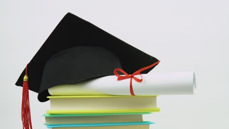 a black square graduate hat with a red tassel lies on a diploma and a stack of books. objects rotate around their axis. education concept