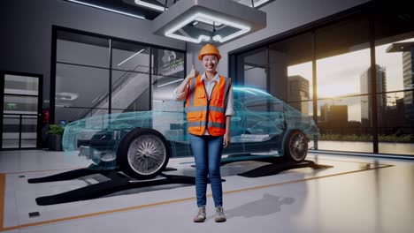 ingeniera inspeccionando el diseño de automóviles con realidad virtual