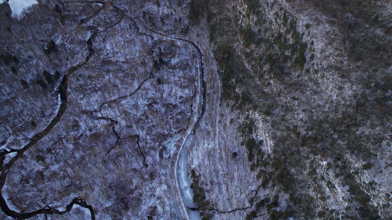 imágenes de video de ojo de pájaro de arriba hacia abajo de drones aéreos de un bosque nevado con río y arroyos serpenteantes en las montañas apalaches