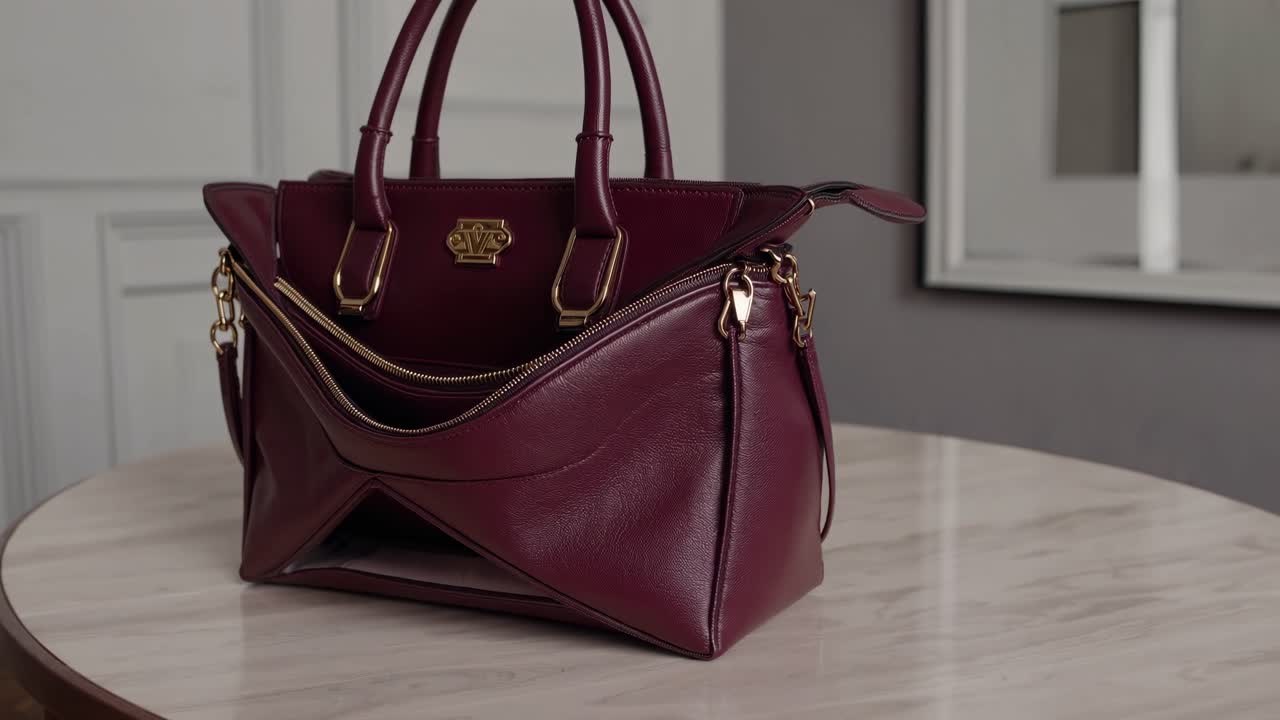 Elegante borsa color bordeaux su un tavolo rotondo in una stanza minimalista. Ripresa da un'angolazione laterale, perfetta