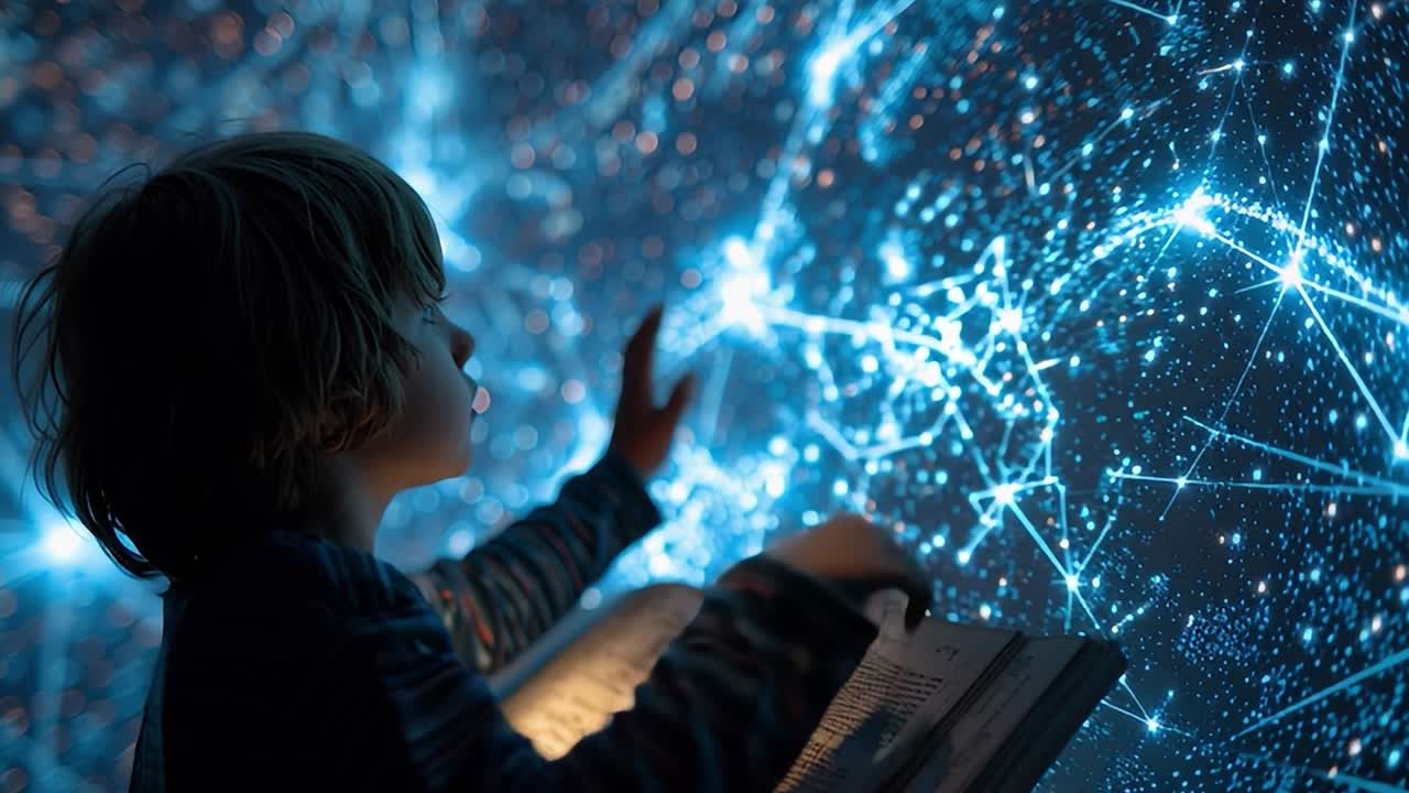 Un bambino esplora l'universo attraverso un libro sotto stelle vibranti di notte