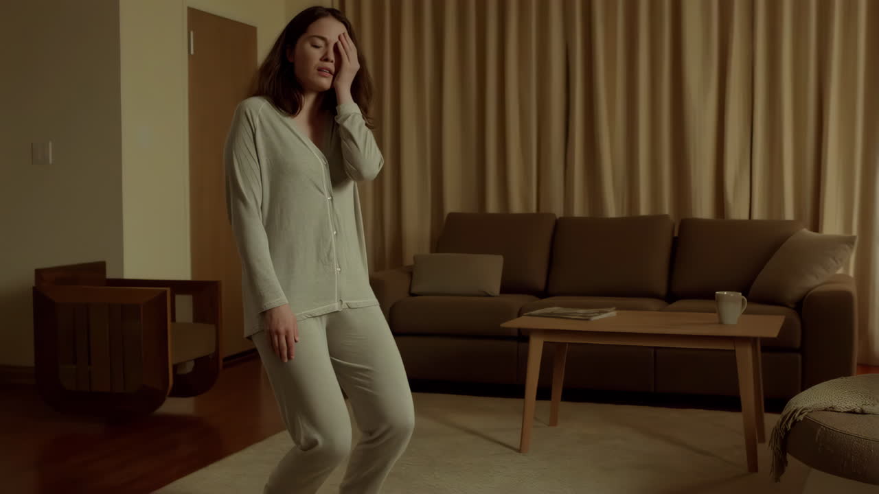 Woman in Pajamas Experiencing Pain or Distress at Home