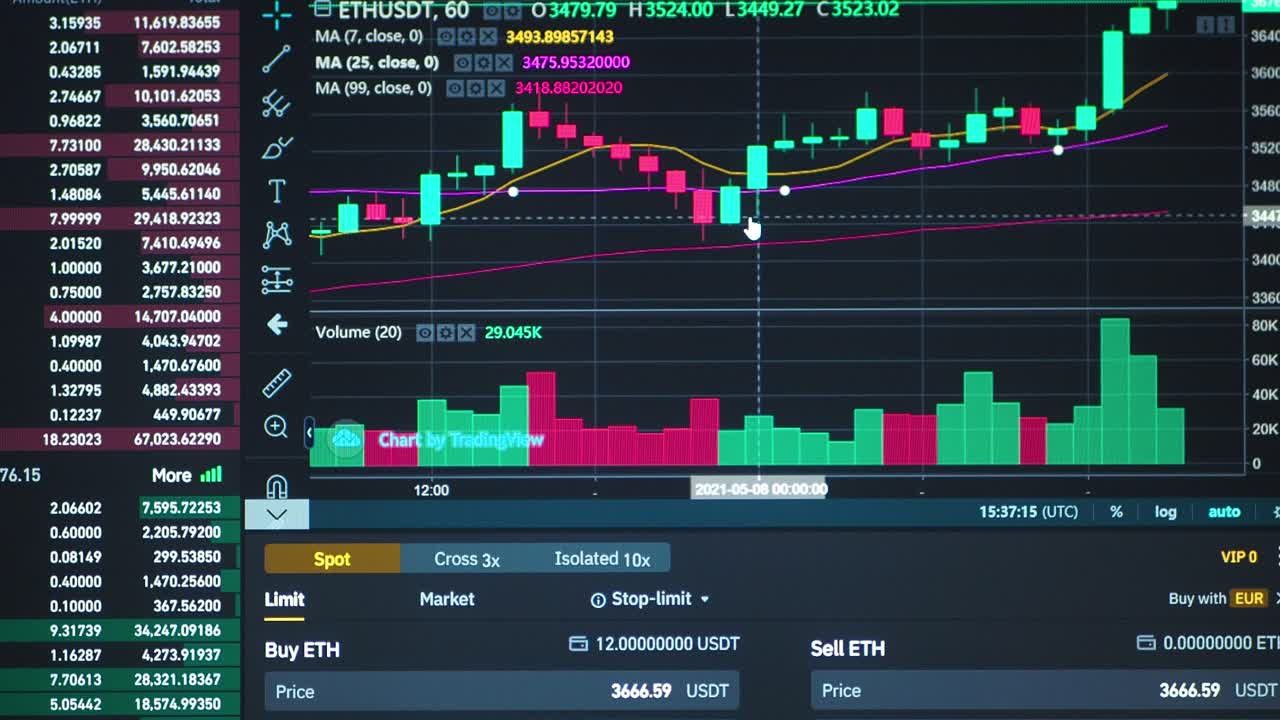Stock exchange market chart of ethereum. Bullish candles graph of crypto currency online. Quotes of eth and btc at stock exchange. App on the screen of the laptop or PC. Trader profit. Top view E.