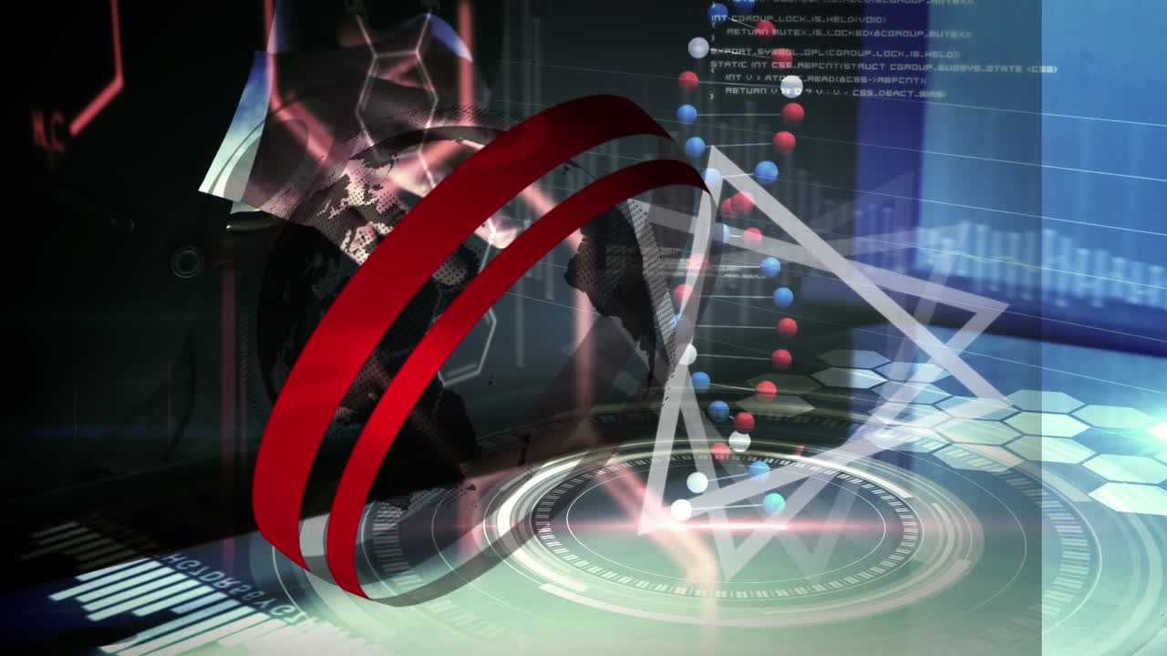 카우카스 비즈니스맨이 디지털 인터페이스를 만지는 지구와 삼각형의 애니메이션