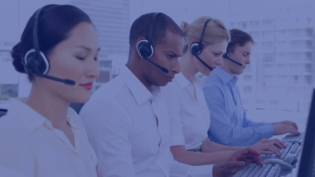 Animation of processor circuit board over business people using phone headsets