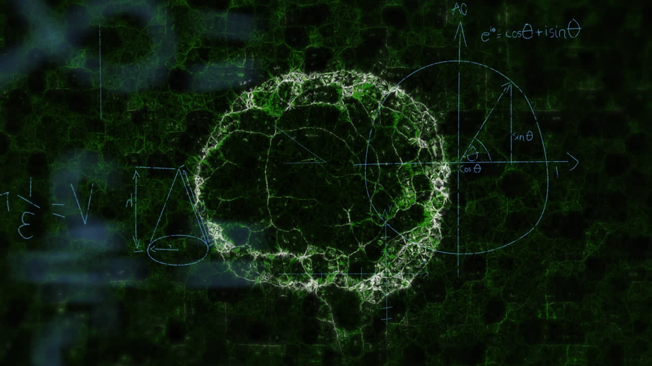 animación de ecuaciones matemáticas sobre un modelo digital del cerebro humano sobre un fondo negro