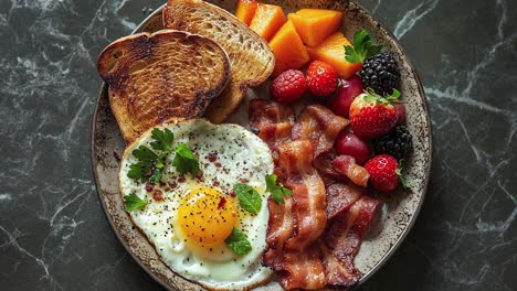 delicioso plato de desayuno con huevos, tocino, tostadas y fruta fresca