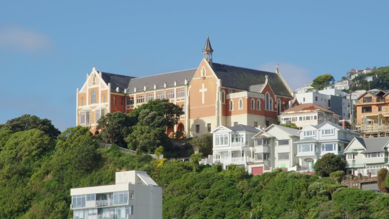 A zoomed in shot of the St Gerard's Church in Wellington, New Zealand