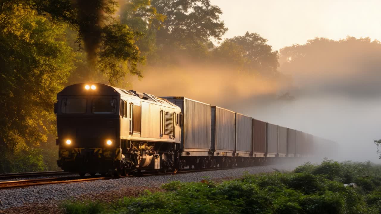 A Freight Train Traverses through a Misty Landscape at Dawn, Showcasing the Power of Transportation Amidst Nature's Serene Beauty