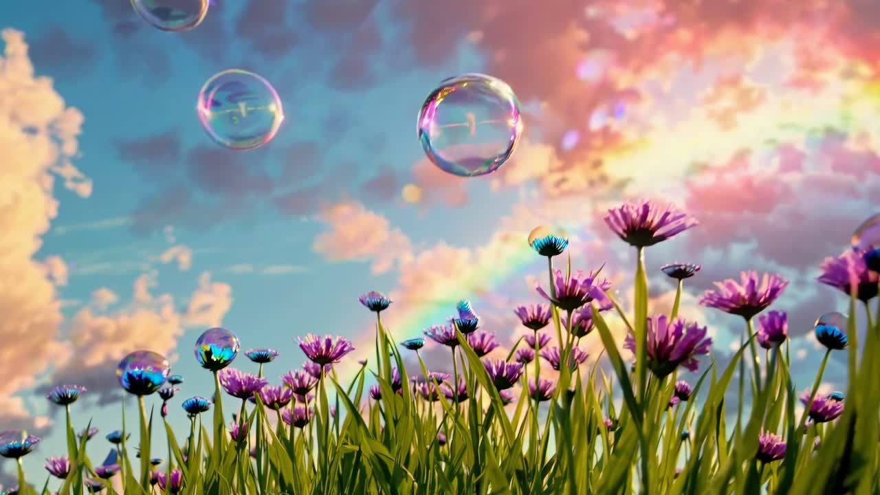 Low-angle video shot of vibrant purple flowers and floating bubbles against a colorful sky