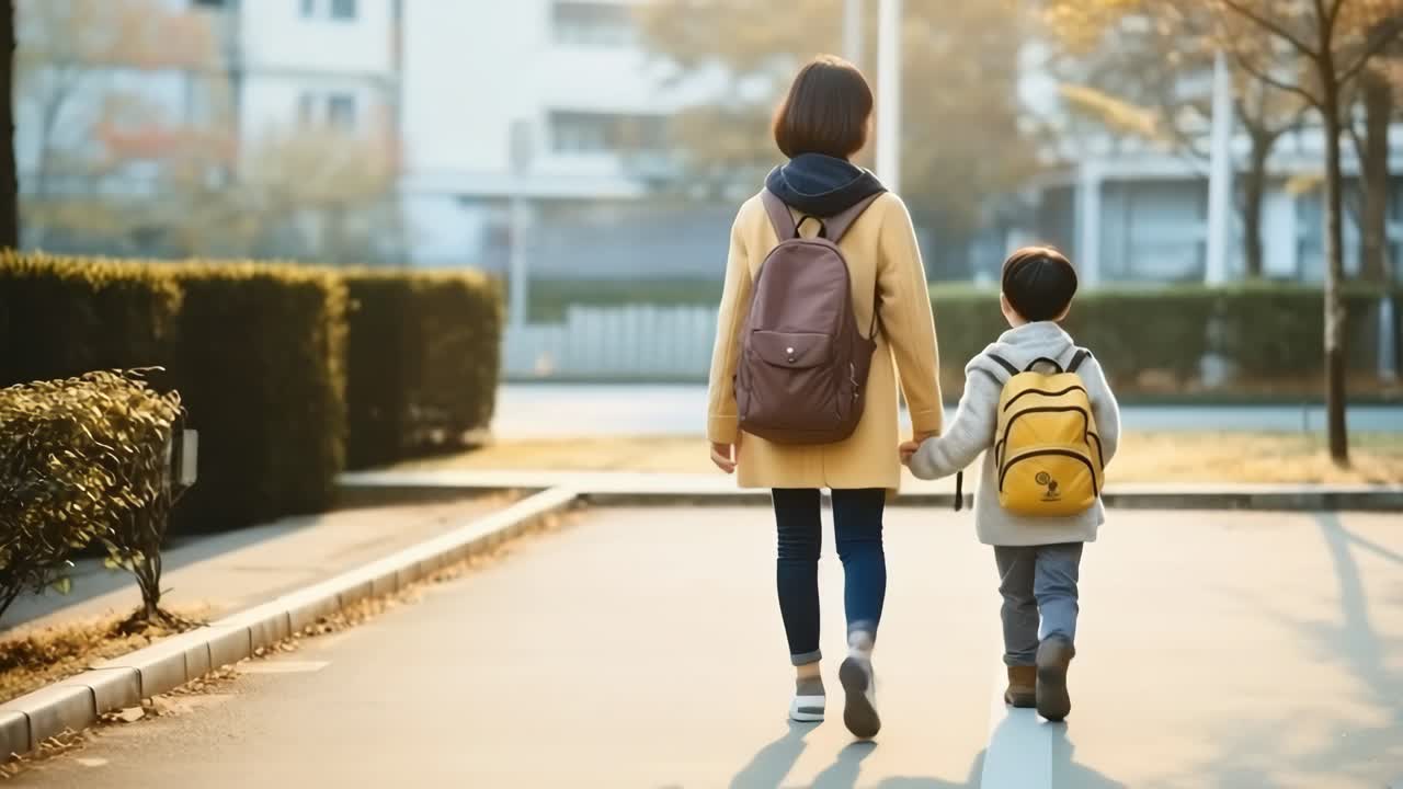 A warm, back-view shot of a woman and child walking hand in hand on a sunny street, perfect