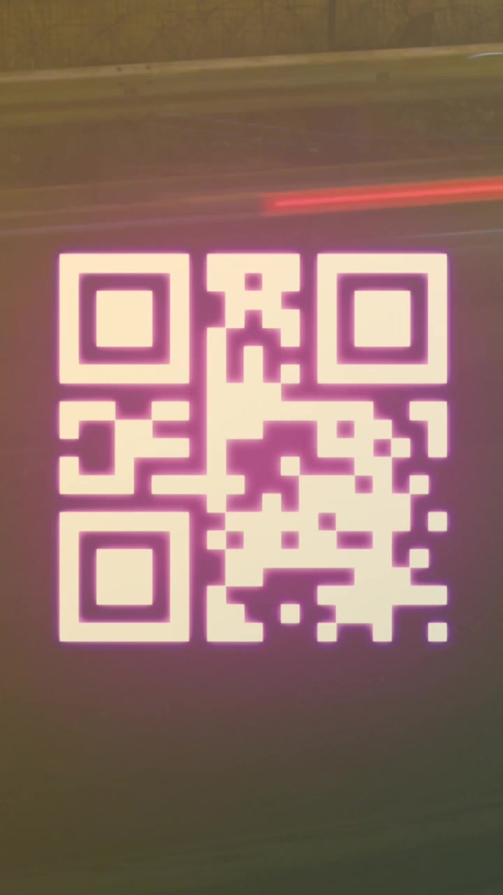 A digitally generated image of a qr code with neon elements flashing on a black background