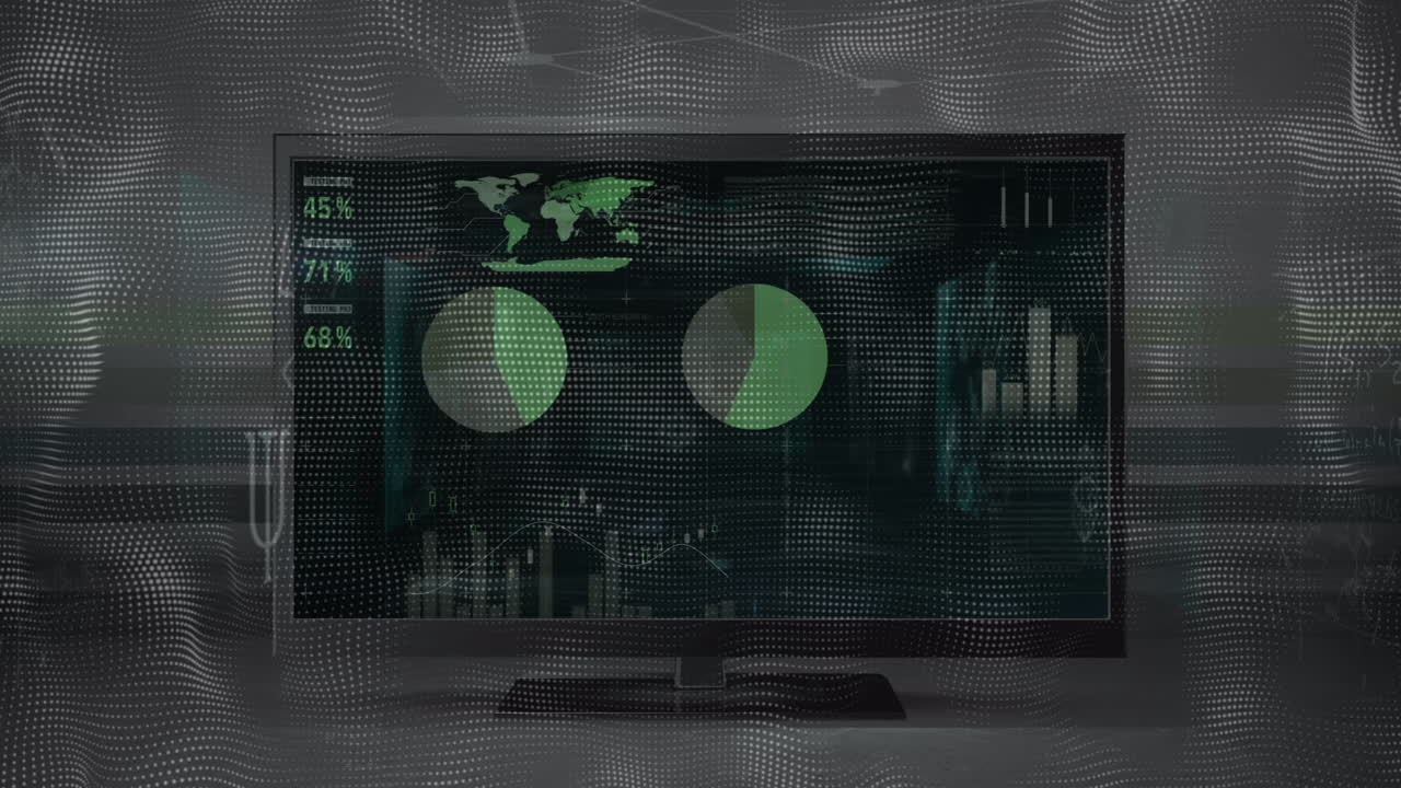 Animation of mathematical equations over data processing and scope scanning on tv screen