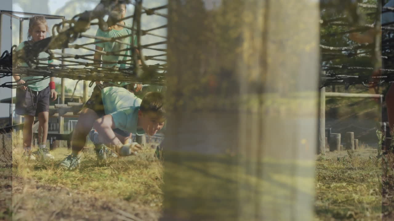 Navigating obstacle course, people outdoors with trees and grass surrounding them