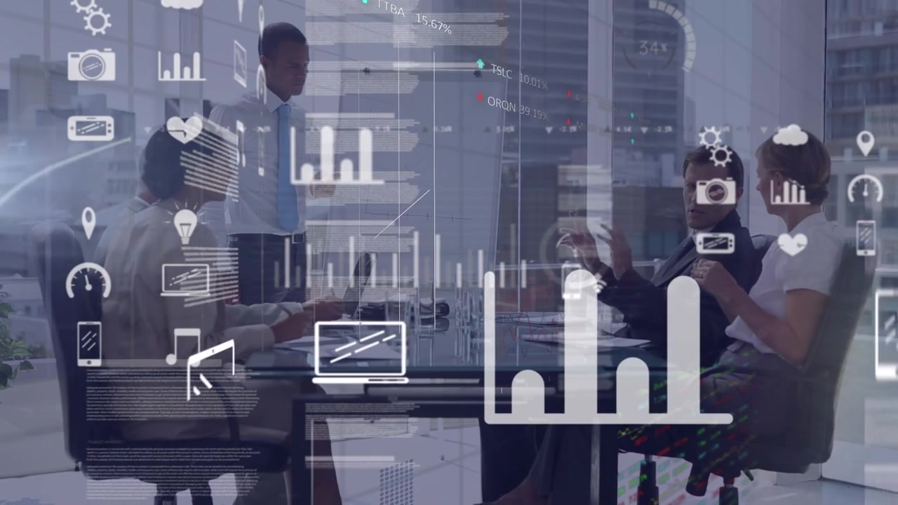 Business Team in Meeting with Digital Data Overlays