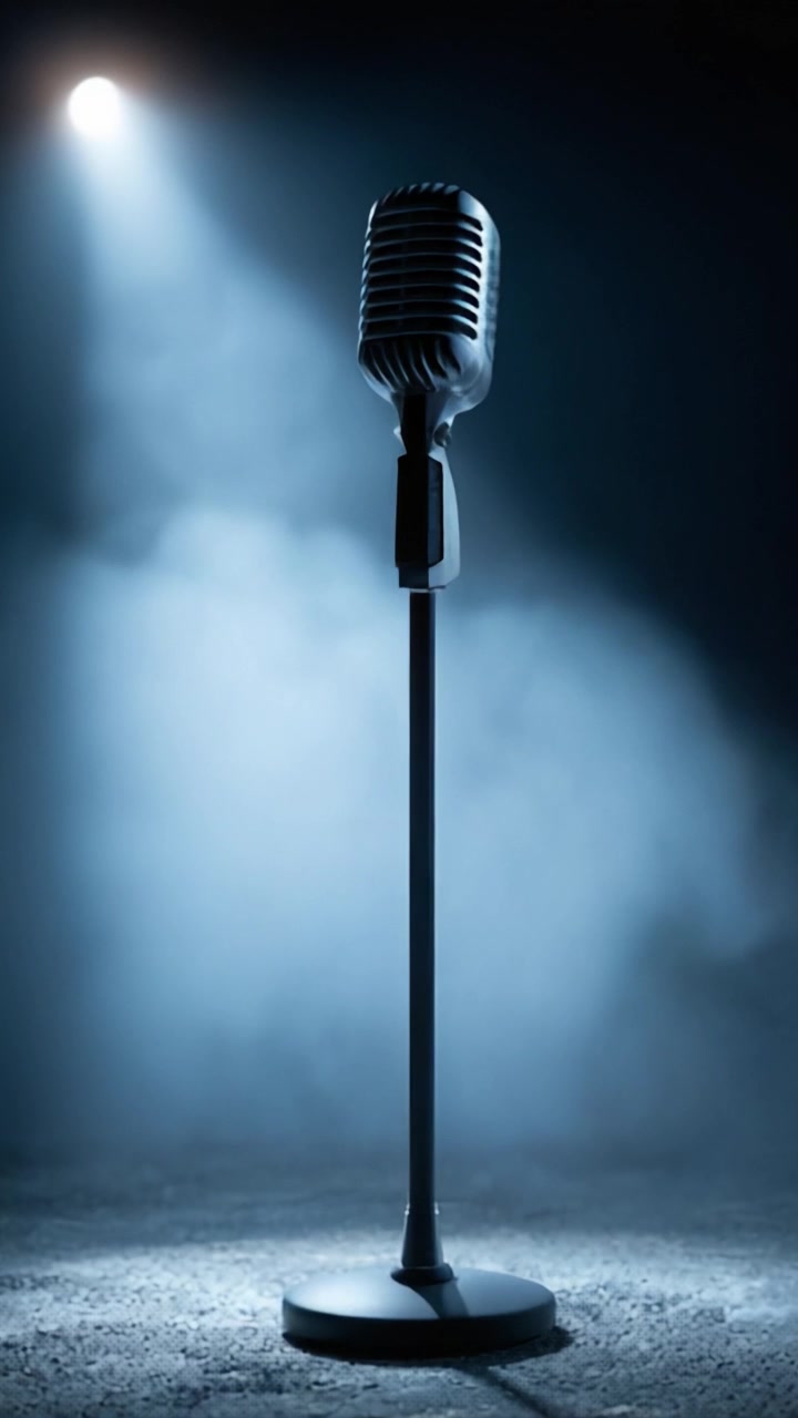 A Stunning Classic Microphone Stands Alone Underneath a Dramatic Spotlight in a Darkened Room, Highlighting Its Timeless Design and Presence in the Spotlight.