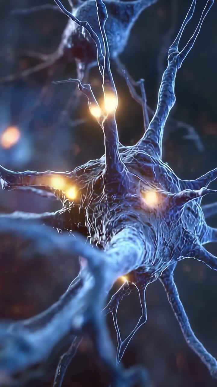 Vertical video: Nerve cell body sending glowing pulses via dendrites and axon in neural simulation