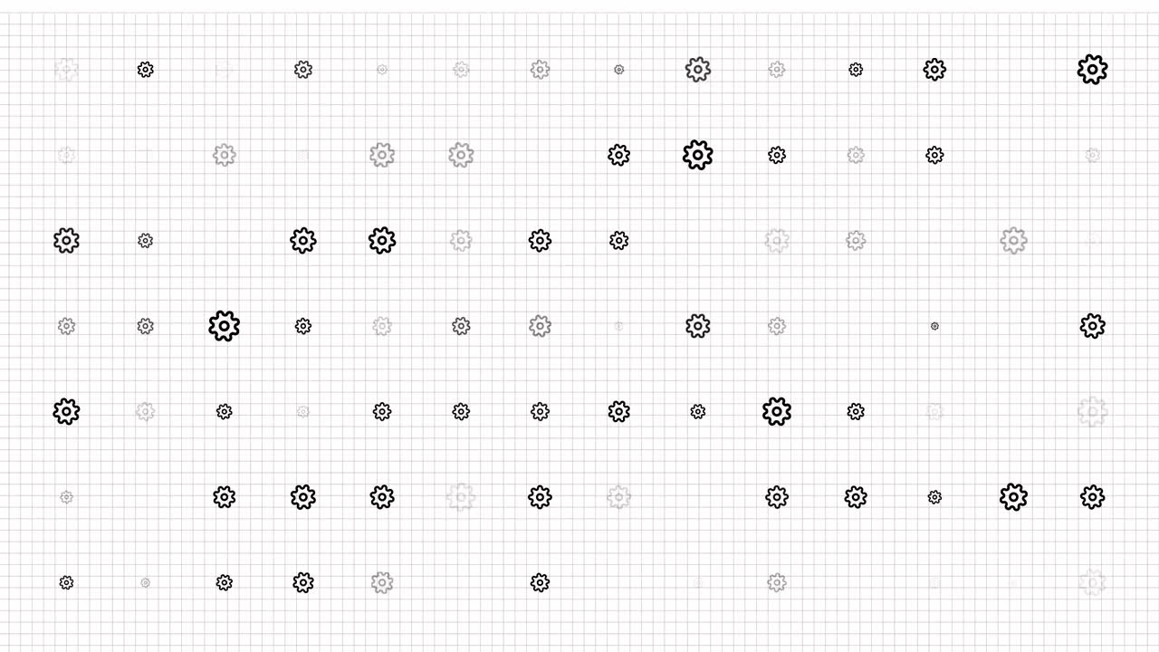settings icon animation loop. Seamless pattern background. small settings icons slowly blink on grid. white backdrop