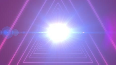 digital animation of triangle shapes in seamless motion against spot of light on purple background