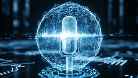 a futuristic representation of audio technology featuring a microphone surrounded by a digital soundwave sphere for enhanced communication and innovation