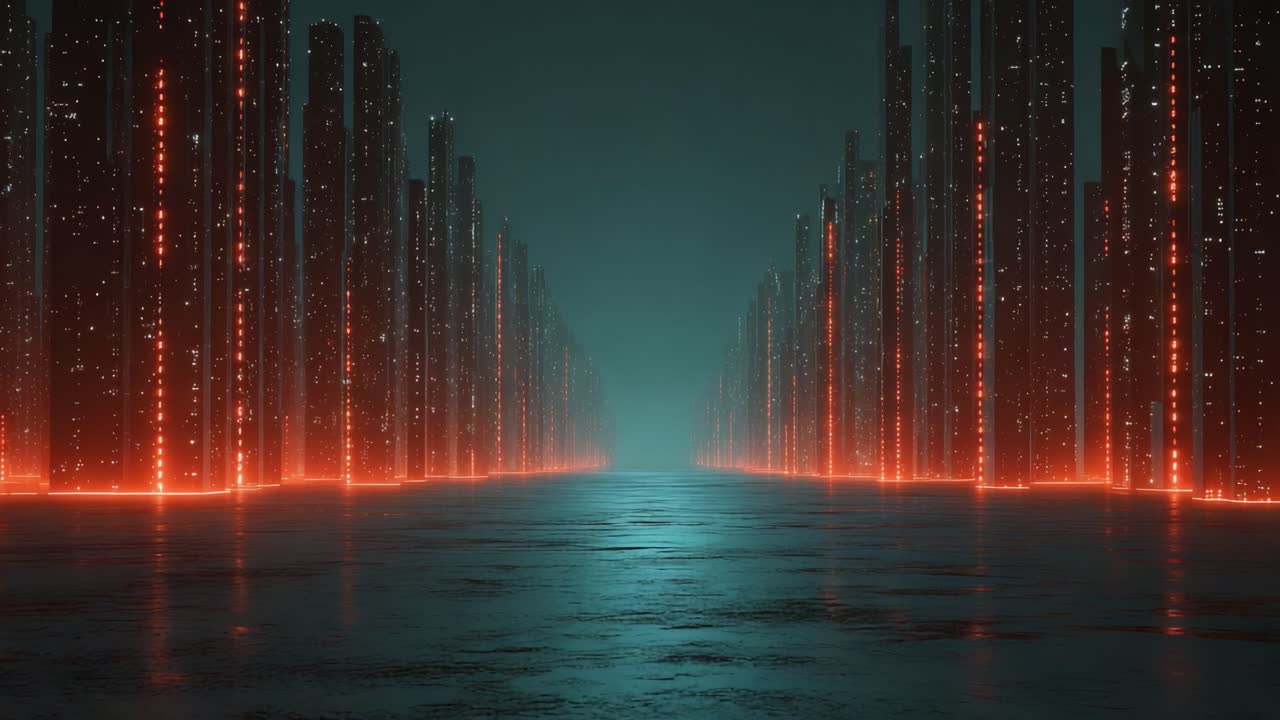 A Stunning Journey Through a Neon-Lit Digital Landscape: Discover a Mesmerizing Scene of Towering Pillars Illuminated by Vibrant Red Lights Amidst a Mystical Blue Glow
