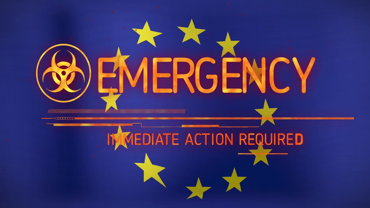 eu의 발 위에 있는 긴급 텍스트와 기호의 애니메이션