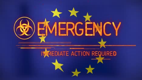 Animation-of-emergency-text-and-symbol-over-flag-of-eu