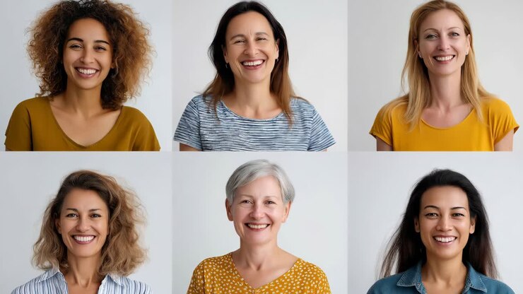 collage di ritratti di un gruppo eterogeneo di donne sorridenti