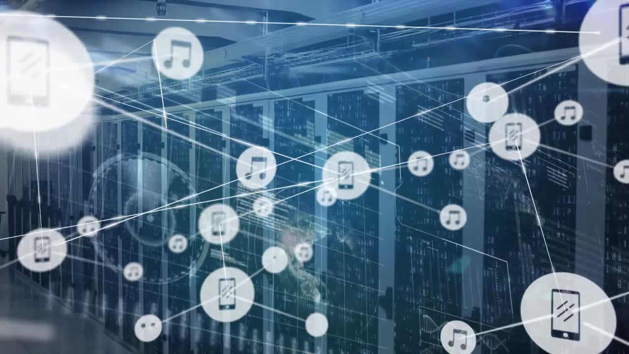 Animation of network of connections with icons over servers