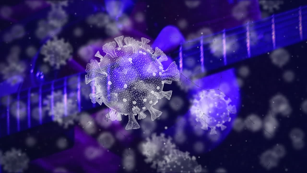 células de covid-19 flotando contra el primer plano de un artista tocando una guitarra