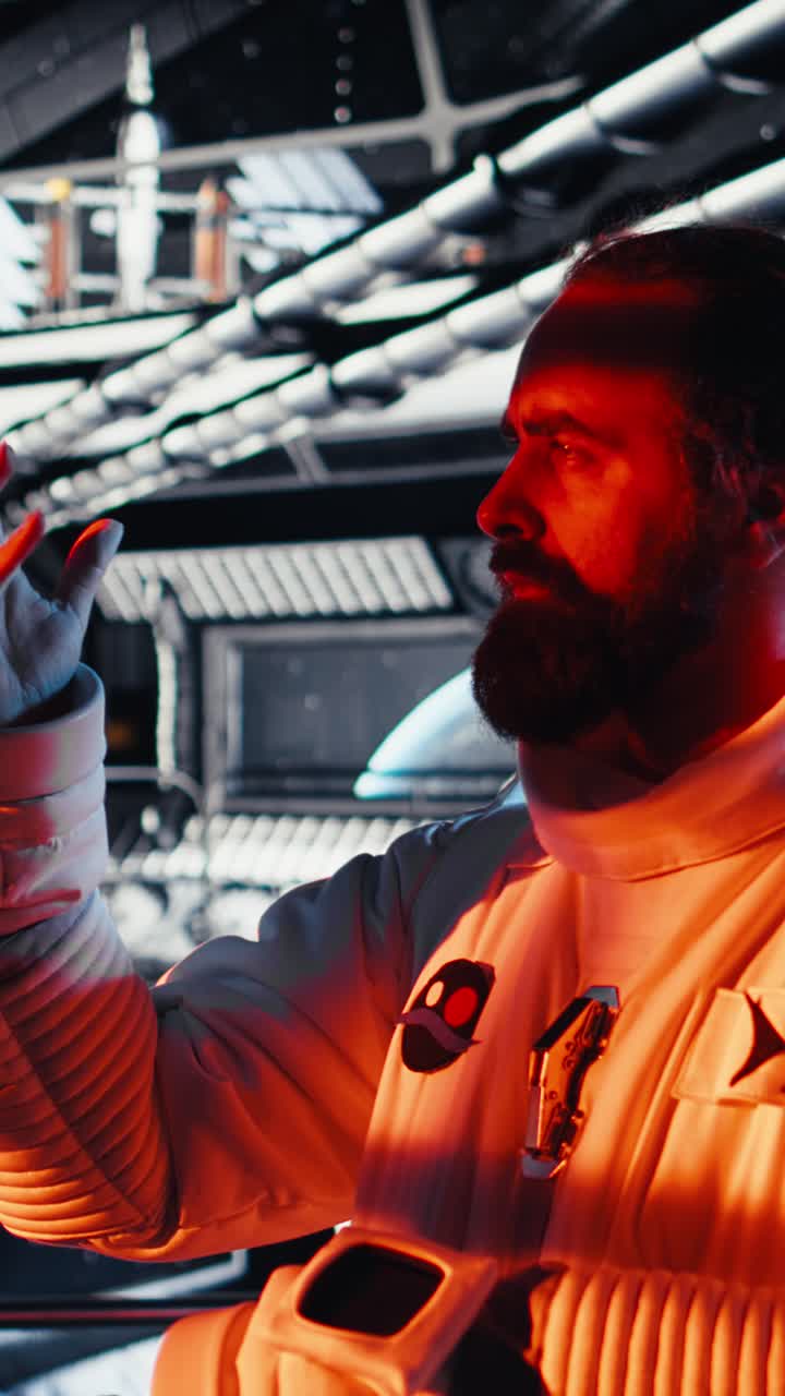 Vertical video Astronaut checking human expansion in space mission data on laptop