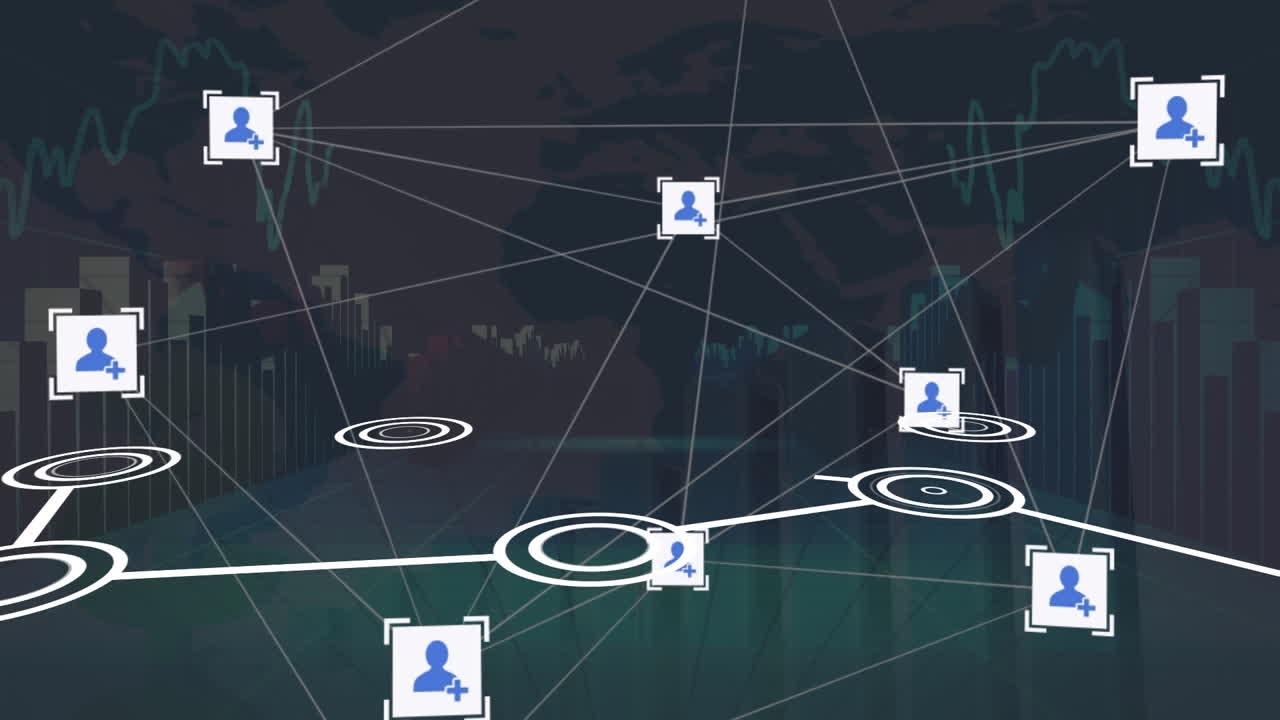 Animación de red de iconos de perfil y procesamiento de datos estadísticos sobre un fondo azul