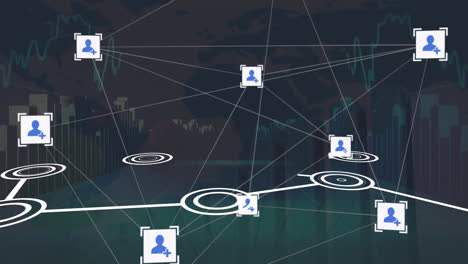 animación de la red del icono del perfil y procesamiento de datos estadísticos contra un fondo azul.