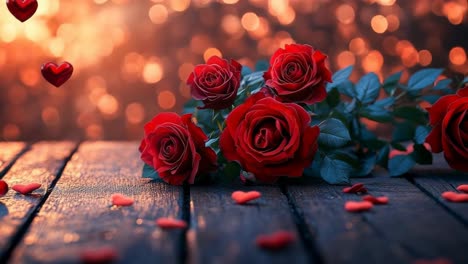 roses and hearts set romance. red roses and heart-shaped decorations lie on a wooden table, evoking a warm and romantic ambiance during sunset.