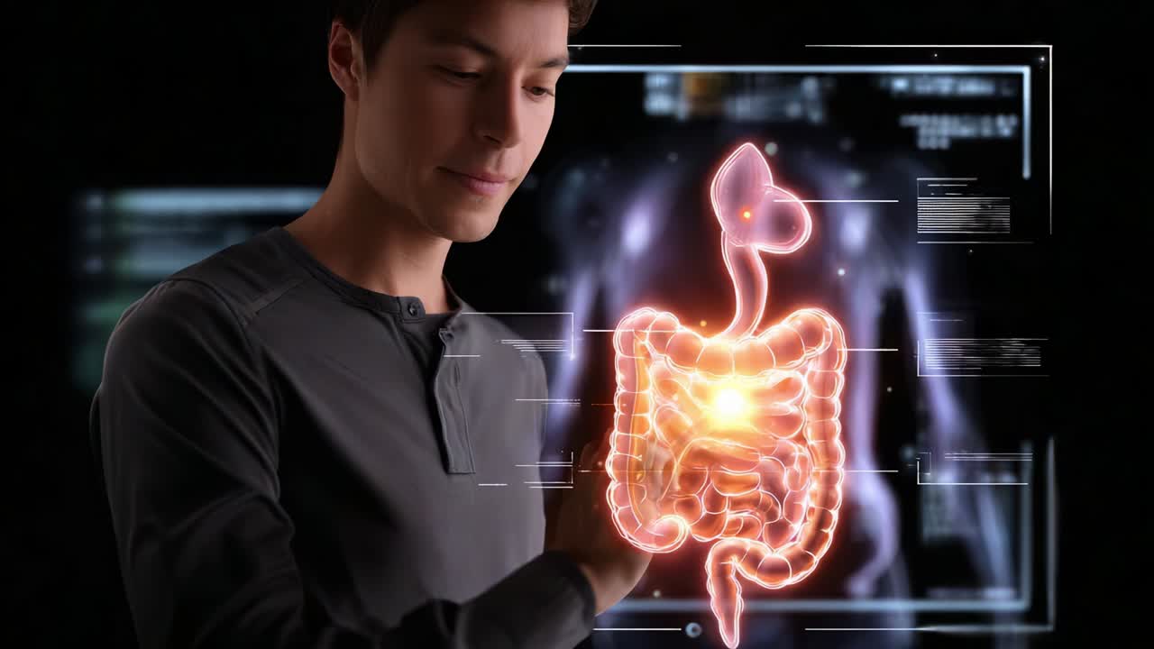 A deep examination of digestive health, as a young man observes a glowing digital representation of the human gastrointestinal system, highlighting the intricacies of the gut and its functions