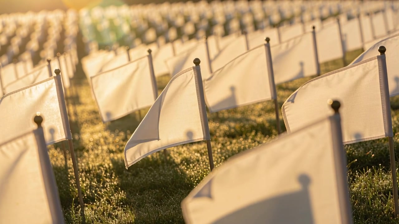 Shifting camera revealing rows of small white flags on short poles on grassy lawn, emphasizing grid