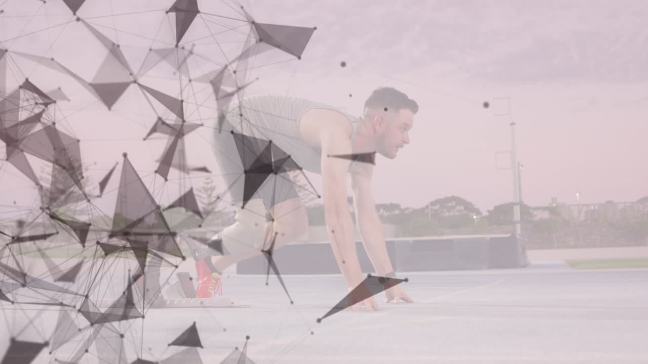 시작을 준비하는 달리는 블레이드와 함께 코카시안 남자 위의 기하학적 모양의 애니메이션