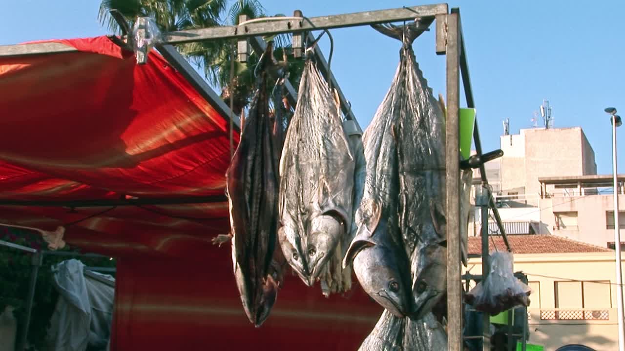 Detailed shot of sun-dried fish hanging from hooks at the Santa Pola harbor market, representing coastal life and seafood tradition