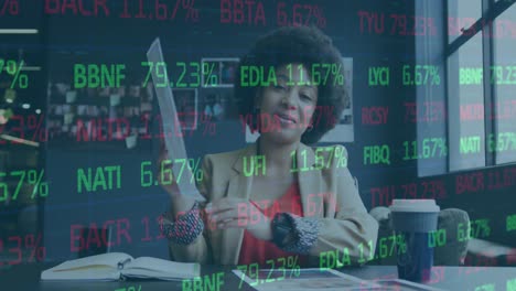 animation of financial data processing over african american businesswoman having a call in office