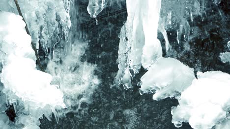 Closeup-of-small-ice-waterfall-caused-by-icy-stream