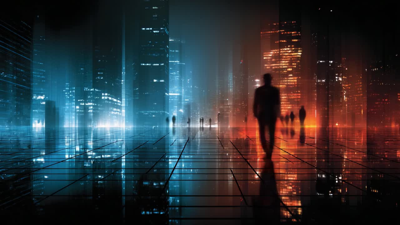 A surreal blend of shadows and vibrant lights in a futuristic urban landscape, showcasing silhouettes amid glowing skyscrapers and a mesmerizing city atmosphere
