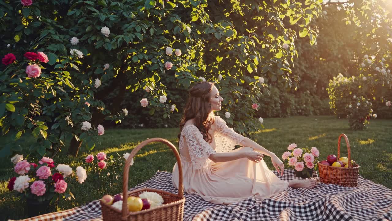 Aerial view of a serene garden picnic with a woman in a flowing dress, surrounded by baskets