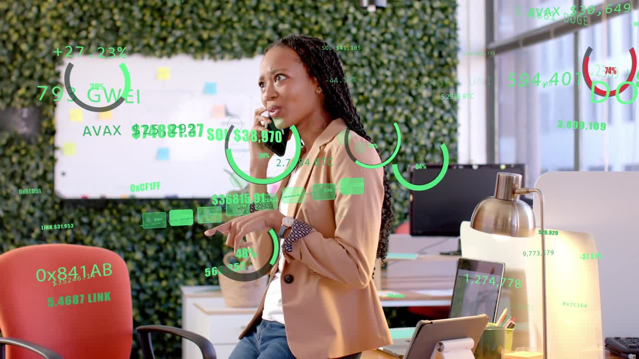 Female office pro calling, pointing to AR HUD showing DOT 46K AVAX 25K tracking portfolio