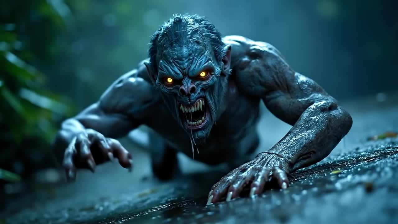 A werewolf with yellow eyes crawling in the rain