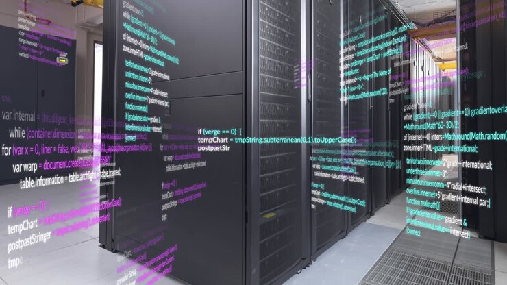 Animazione di elaborazione dati su sfondo di una sala server vuota.