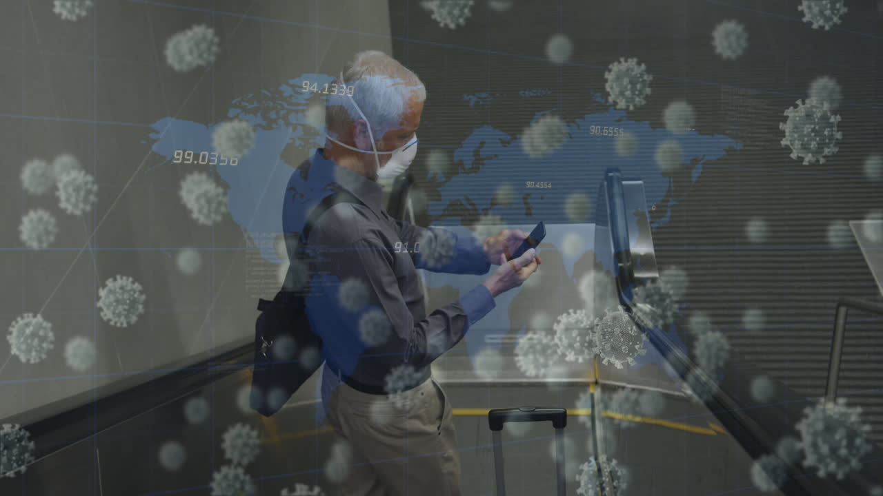 animación de células de covid-19 sobre un hombre mayor que usa una máscara facial