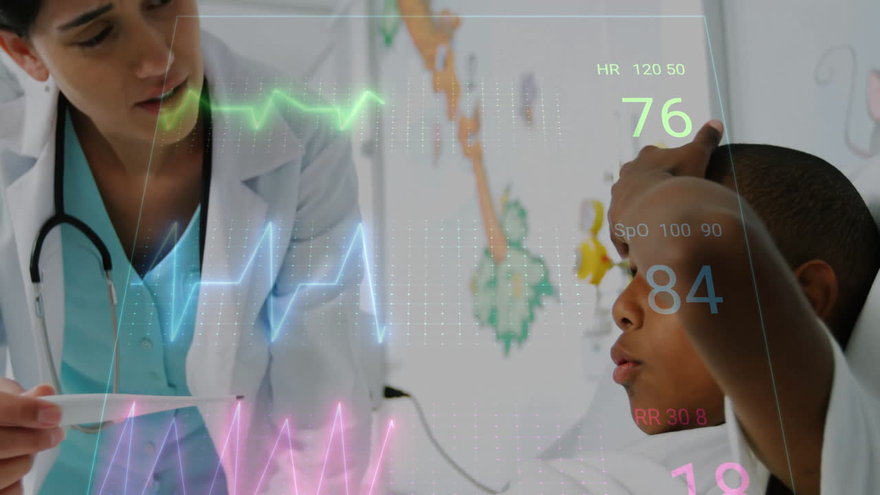 Female doctor holding thermometer at boy's forehead in clinic, showing holographic vital signs